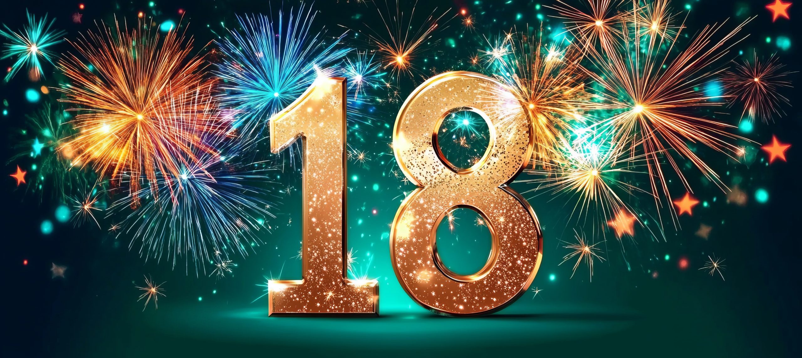 Joyous 18th Anniversary Celebration Featuring Shimmering Gold Numbers and Colorful Fireworks Display